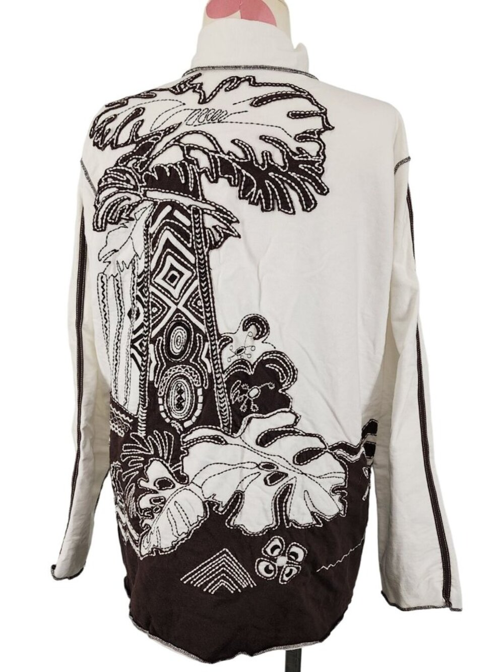 Women's Spa by Chico's Full Zip Jacket Size 2 White Brown Back Design Palm Tree